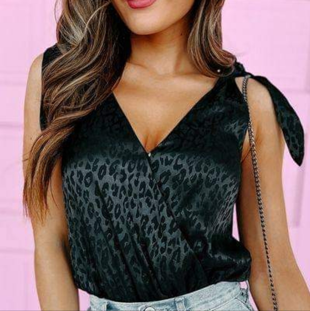 NEW WITH TAGS XL Black Leopard BODYSUIT Tie Shoulders